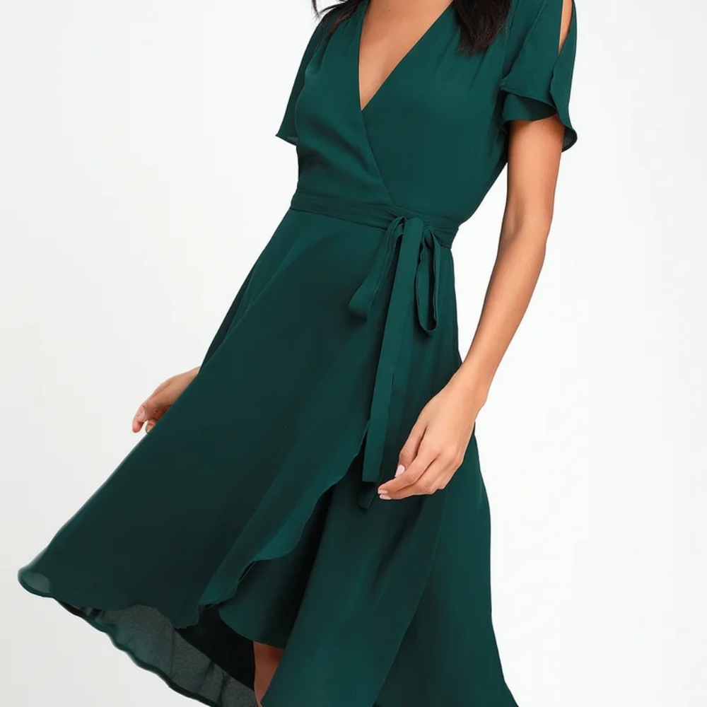 Lulu's Rise to the Occasion midi wrap dress emerald green XS